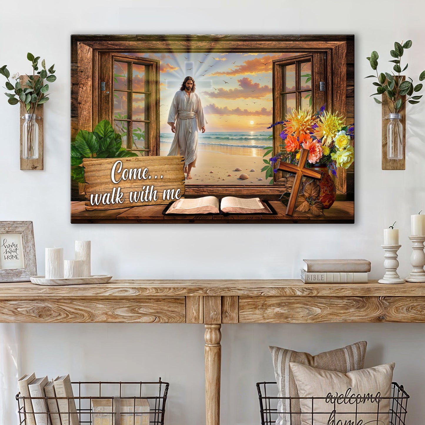 Come Walk With Me Jesus faith canvas sign, Christian scripture wall art for homes