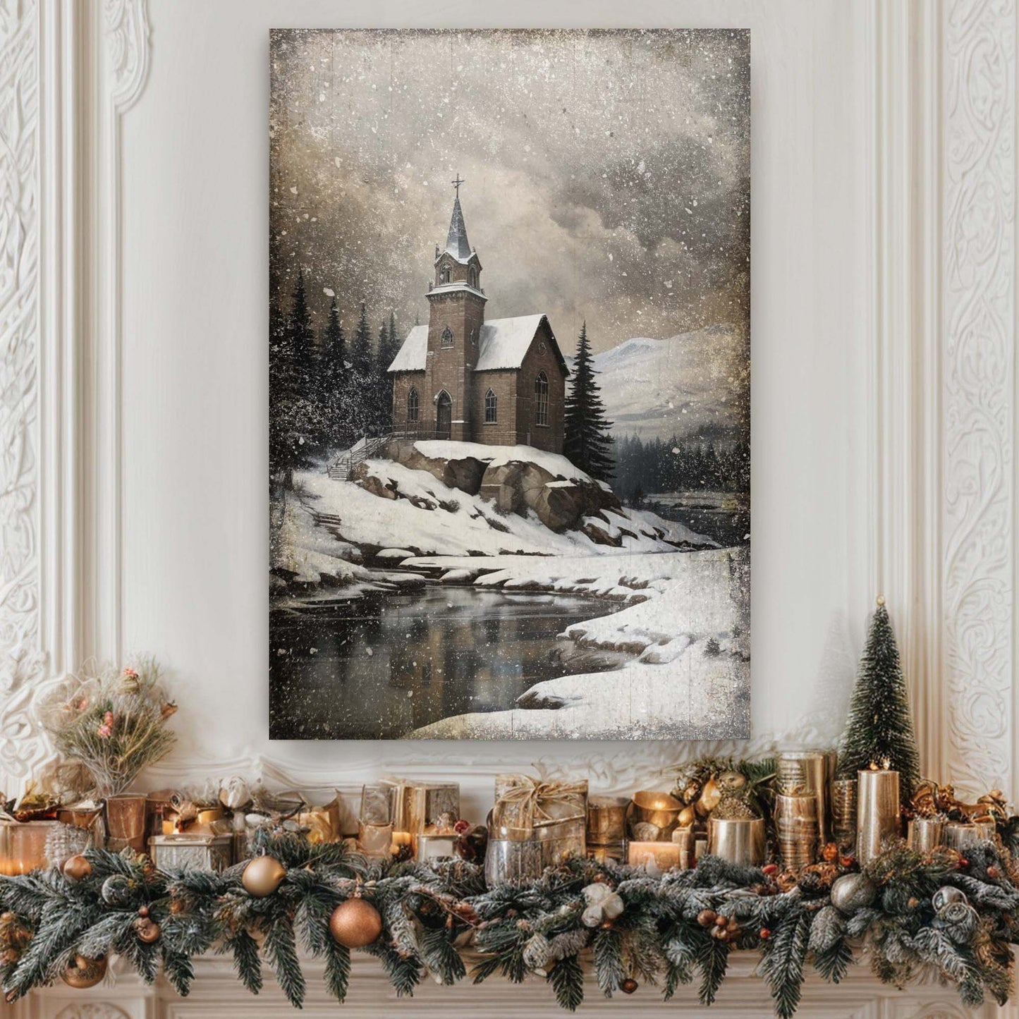 Vintage Church Christmas canvas wall art II, winter church scene in warm vintage tones