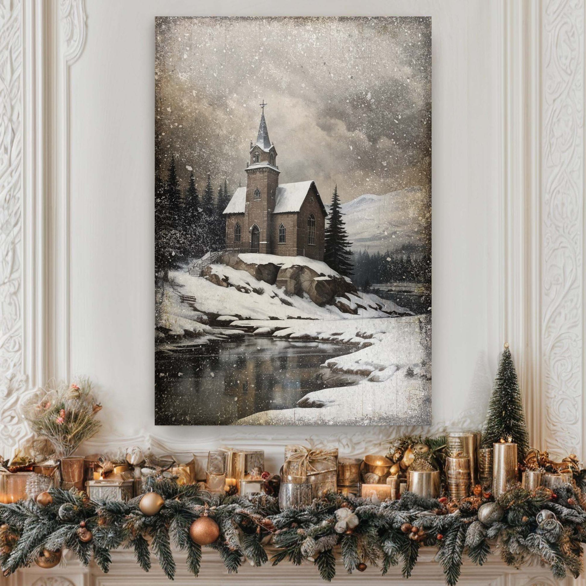 Vintage Church Christmas canvas wall art II, winter church scene in warm vintage tones