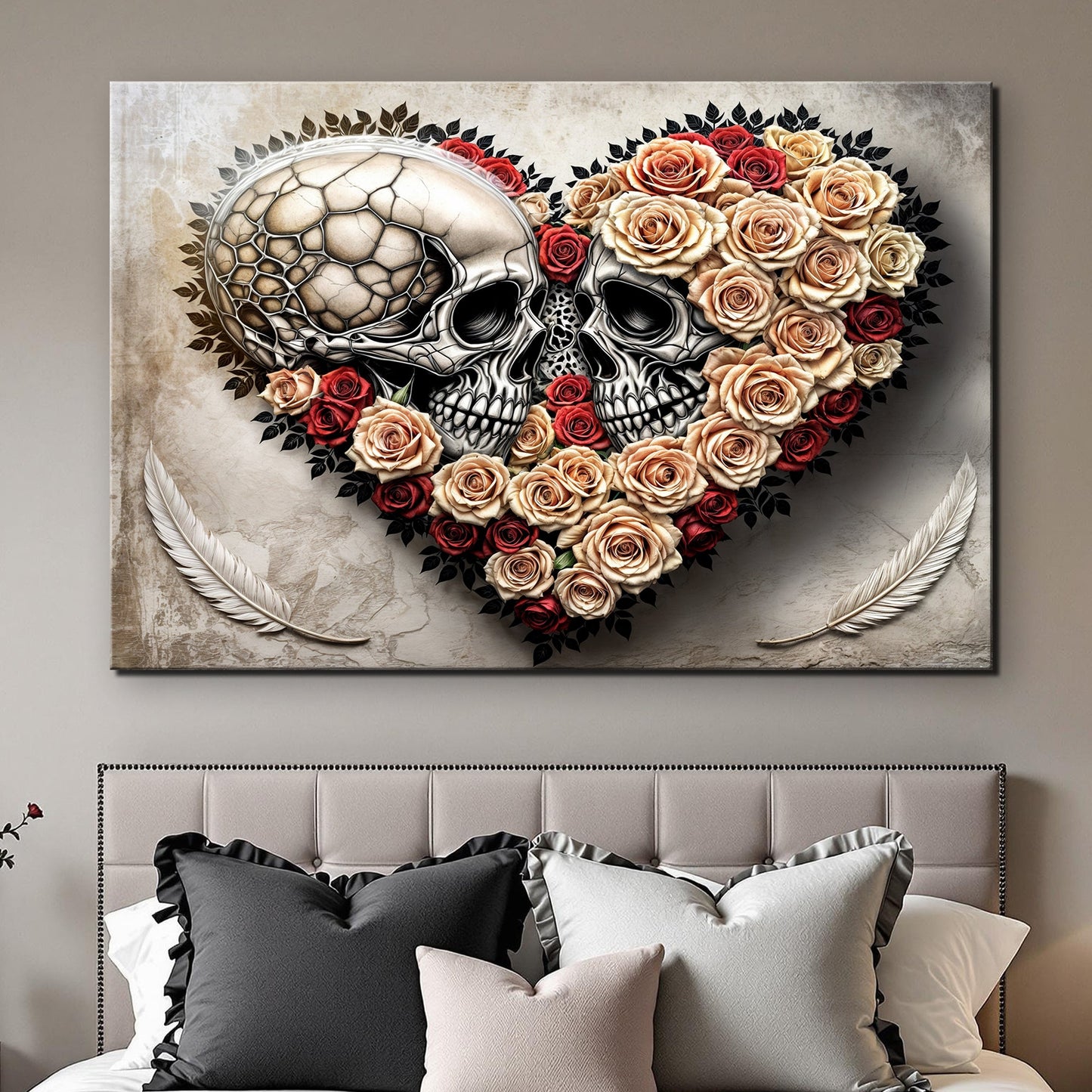 Skull and Flowers Gothic Canvas Wall Art