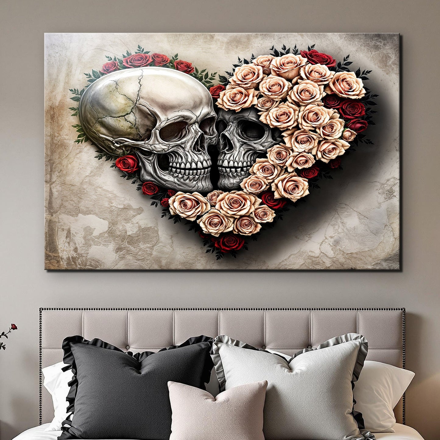 Skull and flowers gothic floral canvas wall art bold bedroom art