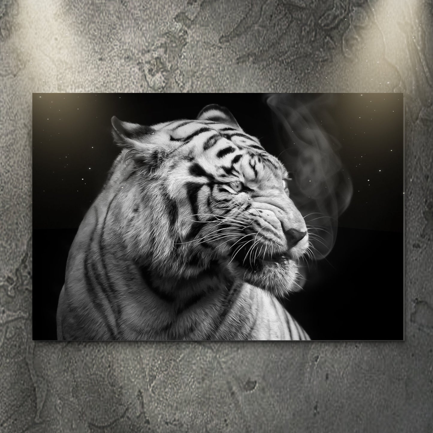 Black and white smoking tiger canvas wall art with dramatic moody wild animal portrait