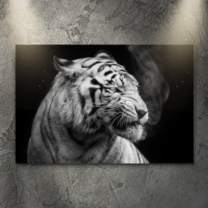 Black and white smoking tiger canvas wall art with dramatic moody wild animal portrait