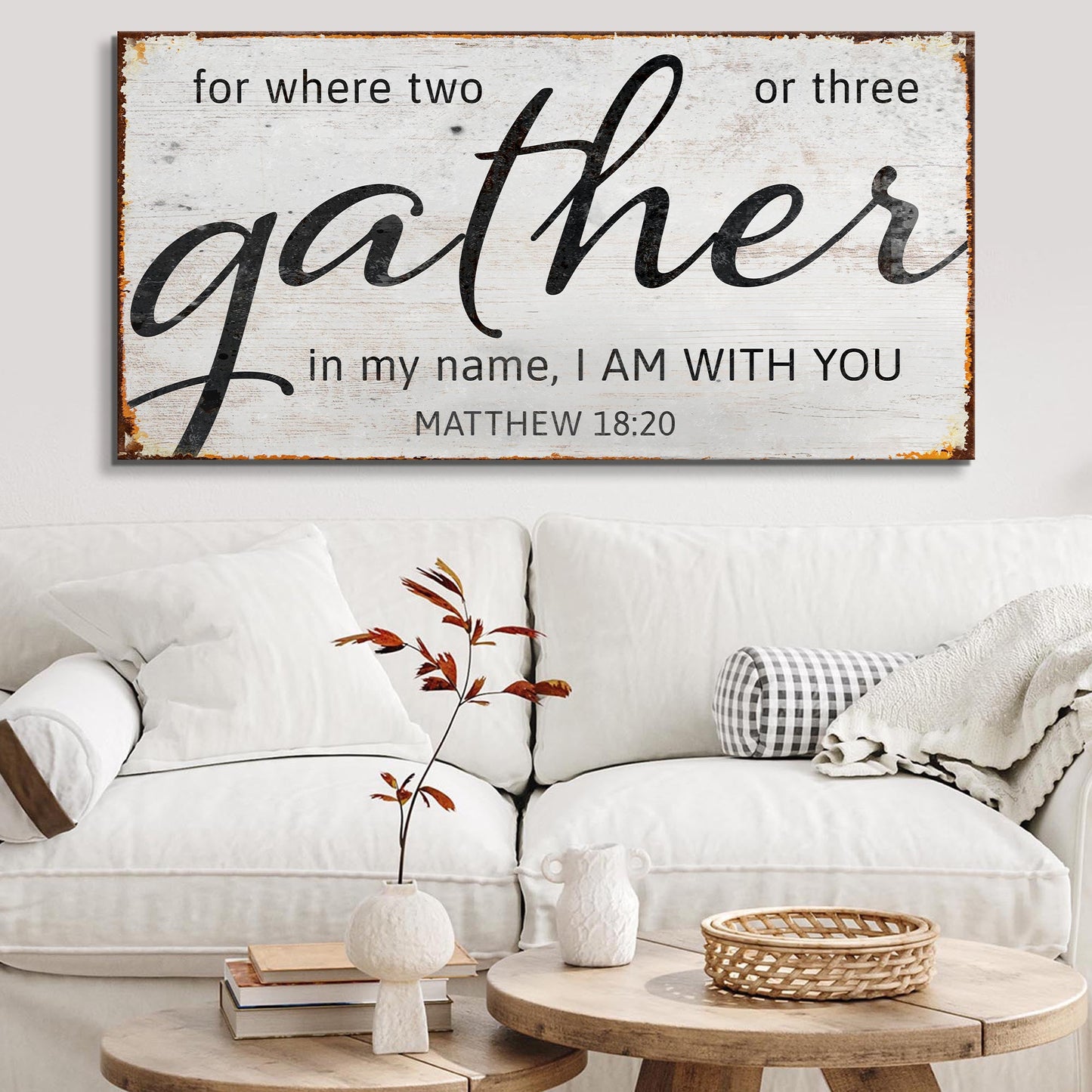 Matthew 18:20 Gather in Faith scripture canvas wall art — typographic faith sign