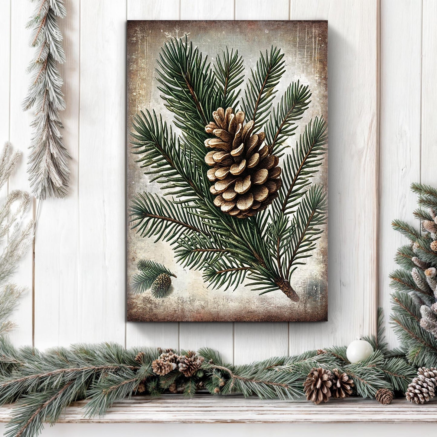 Vintage Winter Pine Cone Canvas Wall Art