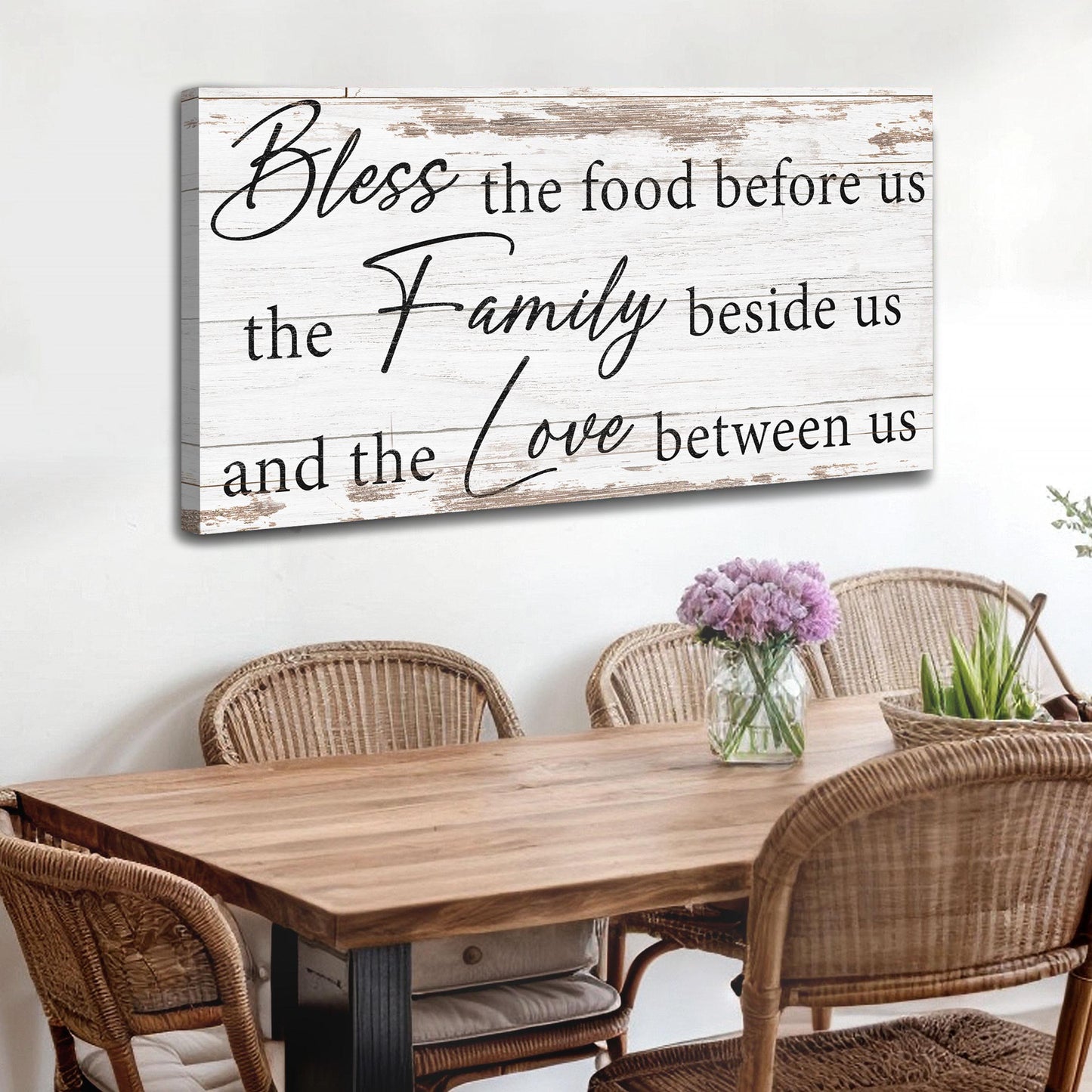 Bless the food family and love canvas wall art with farmhouse kitchen dining blessing