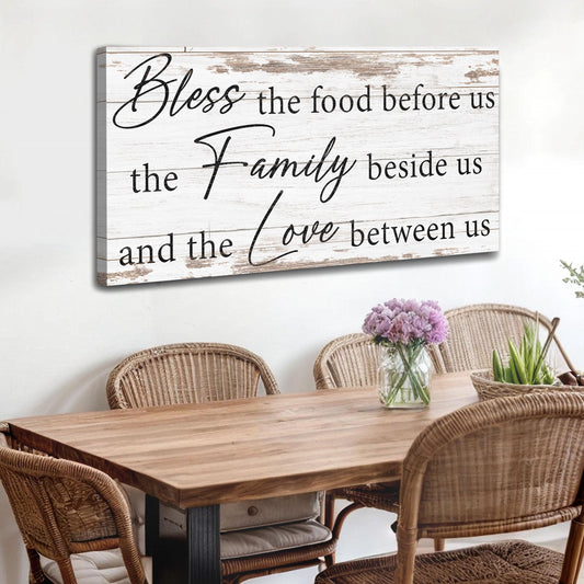 Bless the food family and love canvas wall art with farmhouse kitchen dining blessing