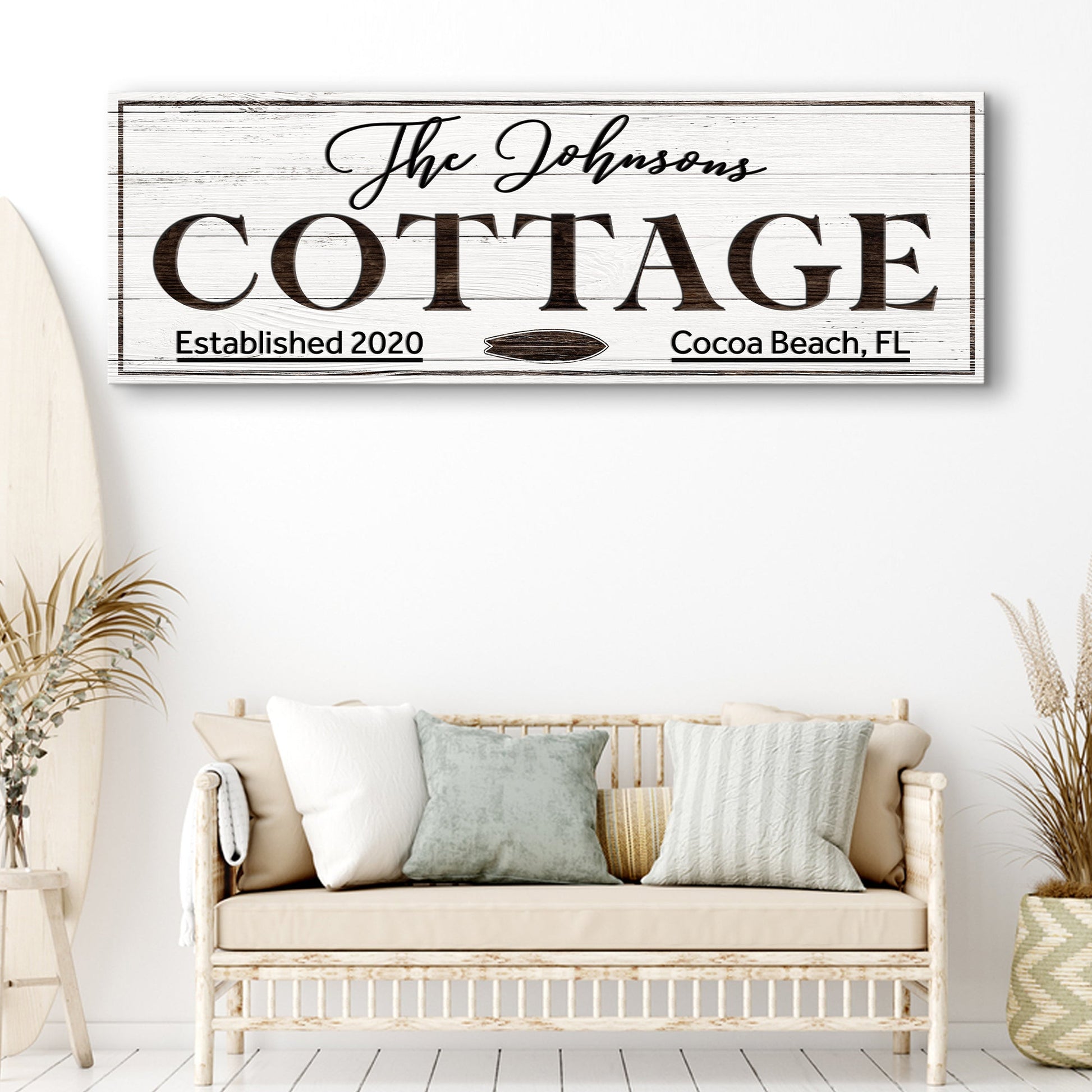 Cottage beach house coastal sign canvas wall art in soft seaside tones