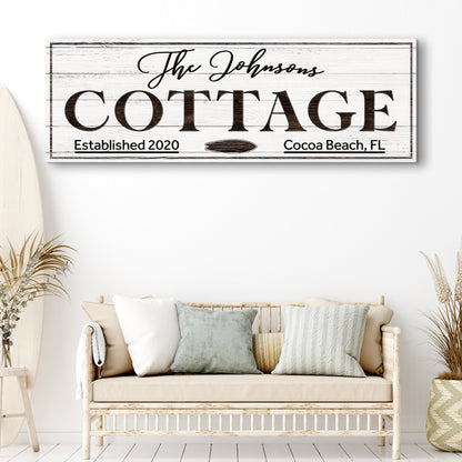 Cottage beach house coastal sign canvas wall art in soft seaside tones