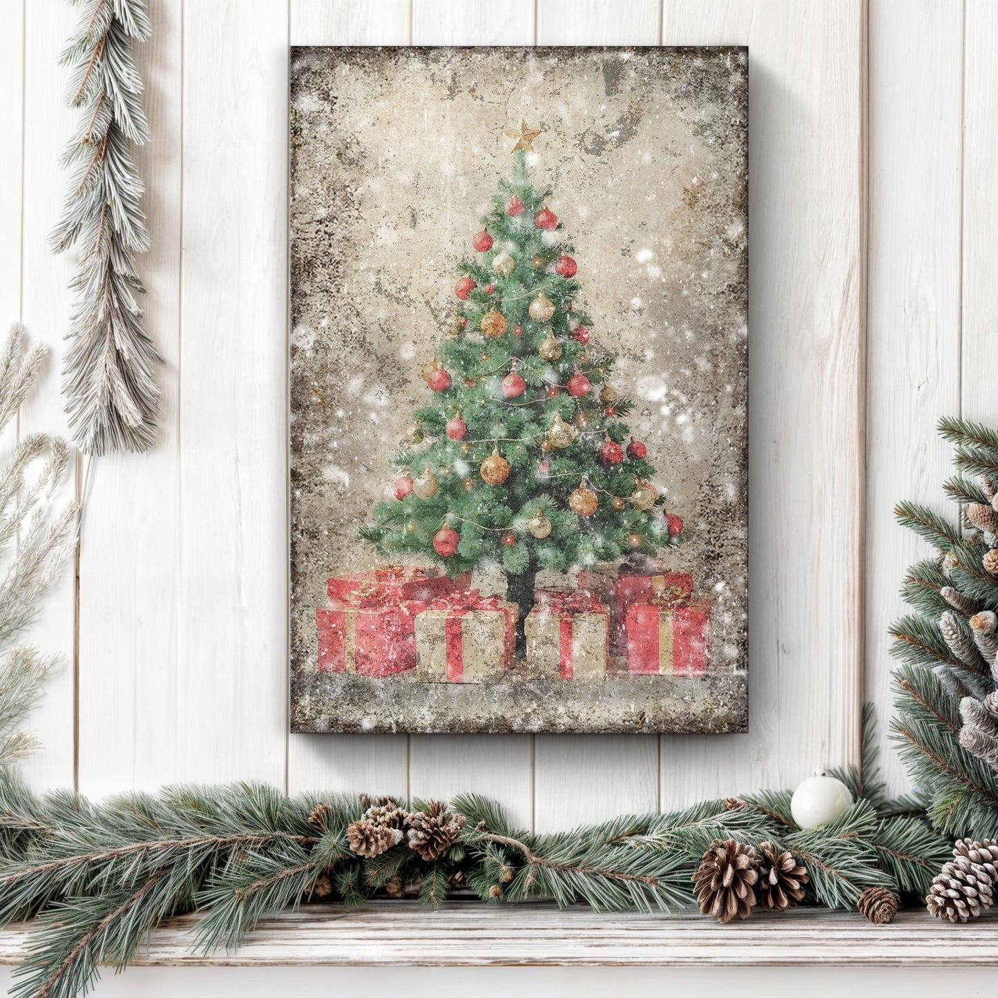 Vintage Christmas Tree With Gifts Canvas Wall Art