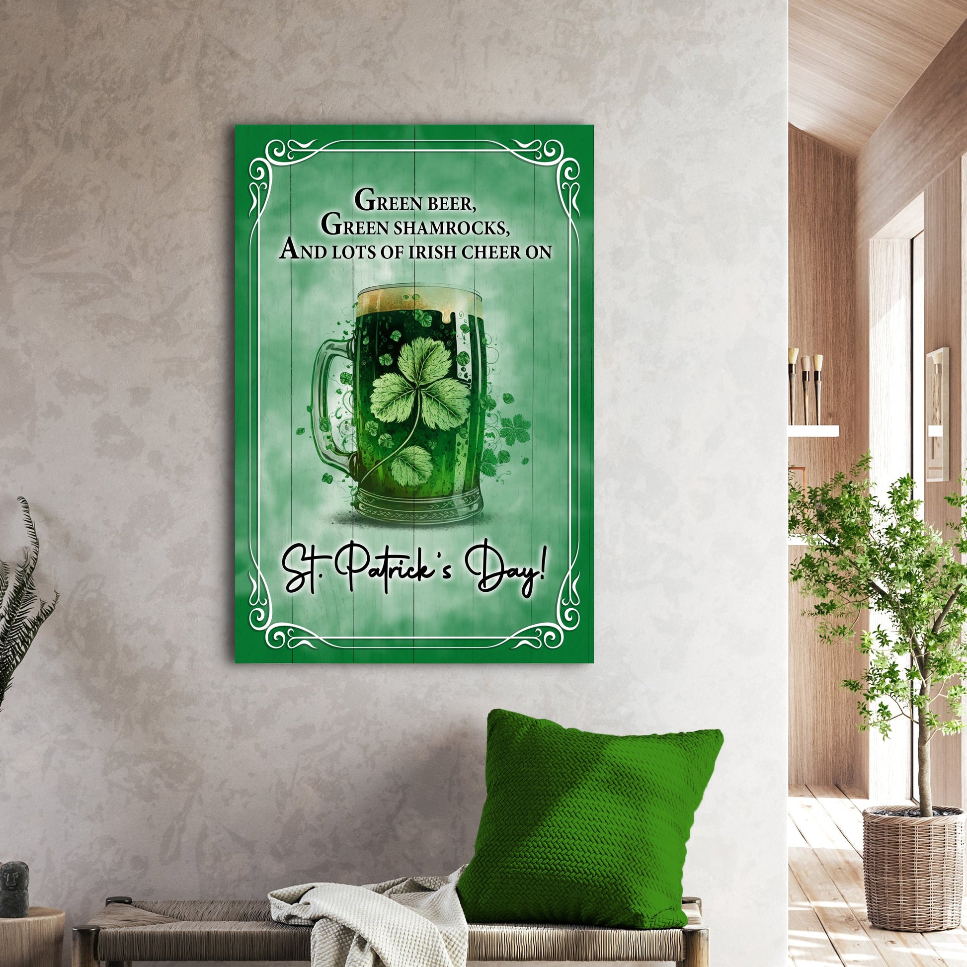 St. Patrick's Day canvas wall art with green beer mug and shamrocks