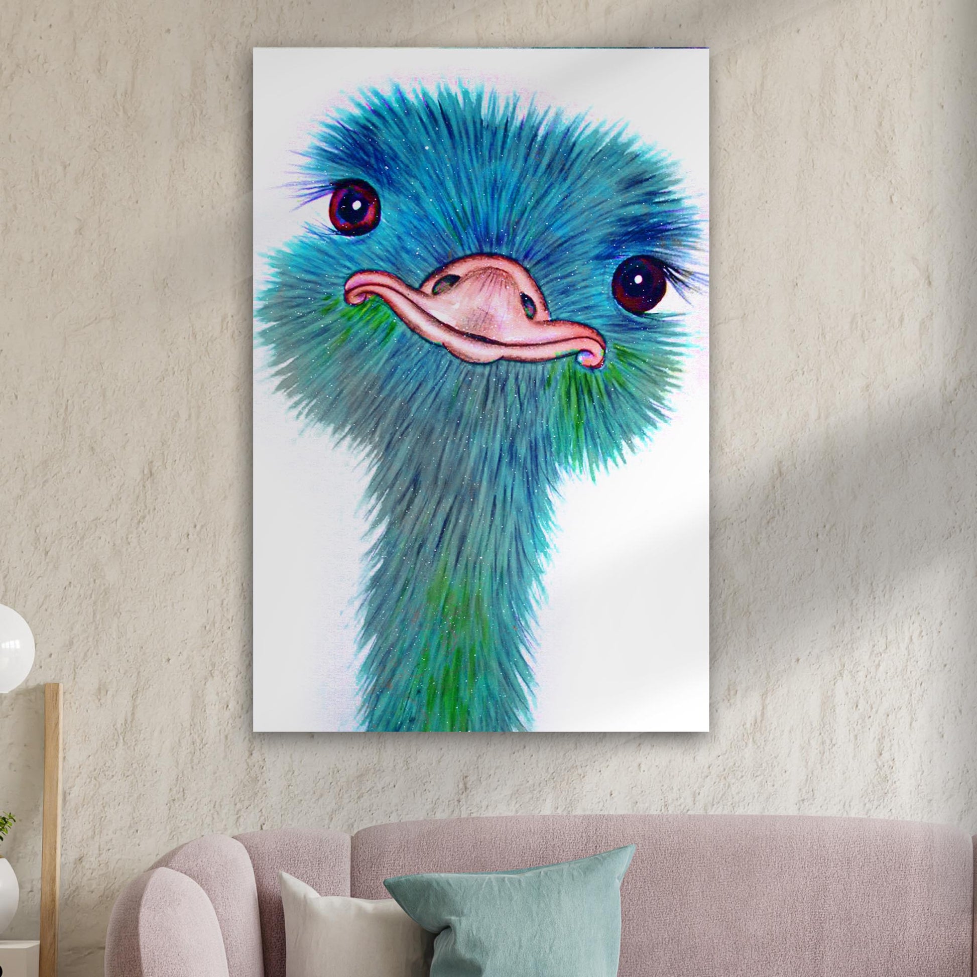 Watercolor ostrich canvas wall art, vibrant bird watercolor painting on gallery-wrapped canvas