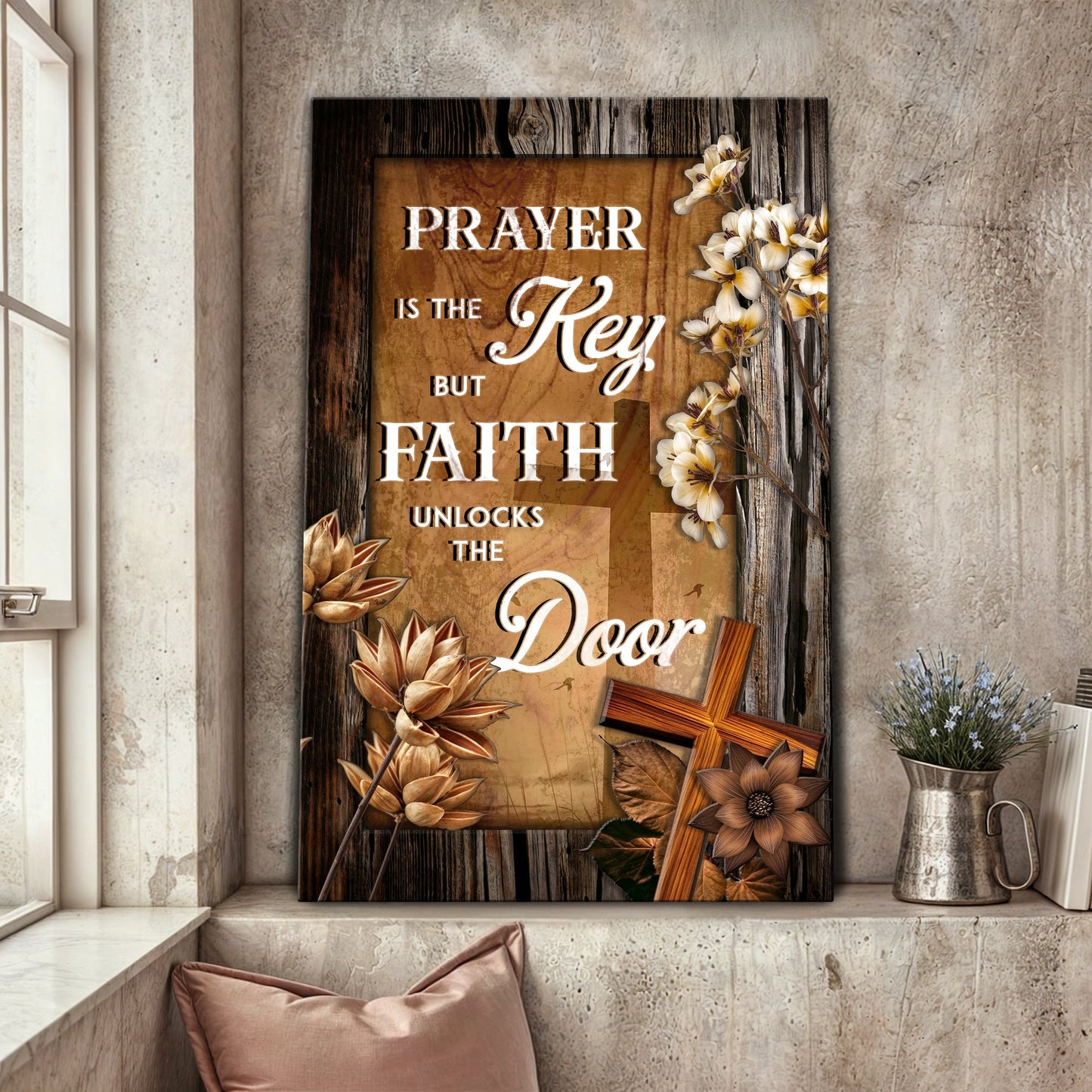 Prayer Is the Key Faith Unlocks the Door canvas wall art — inspirational Christian sign