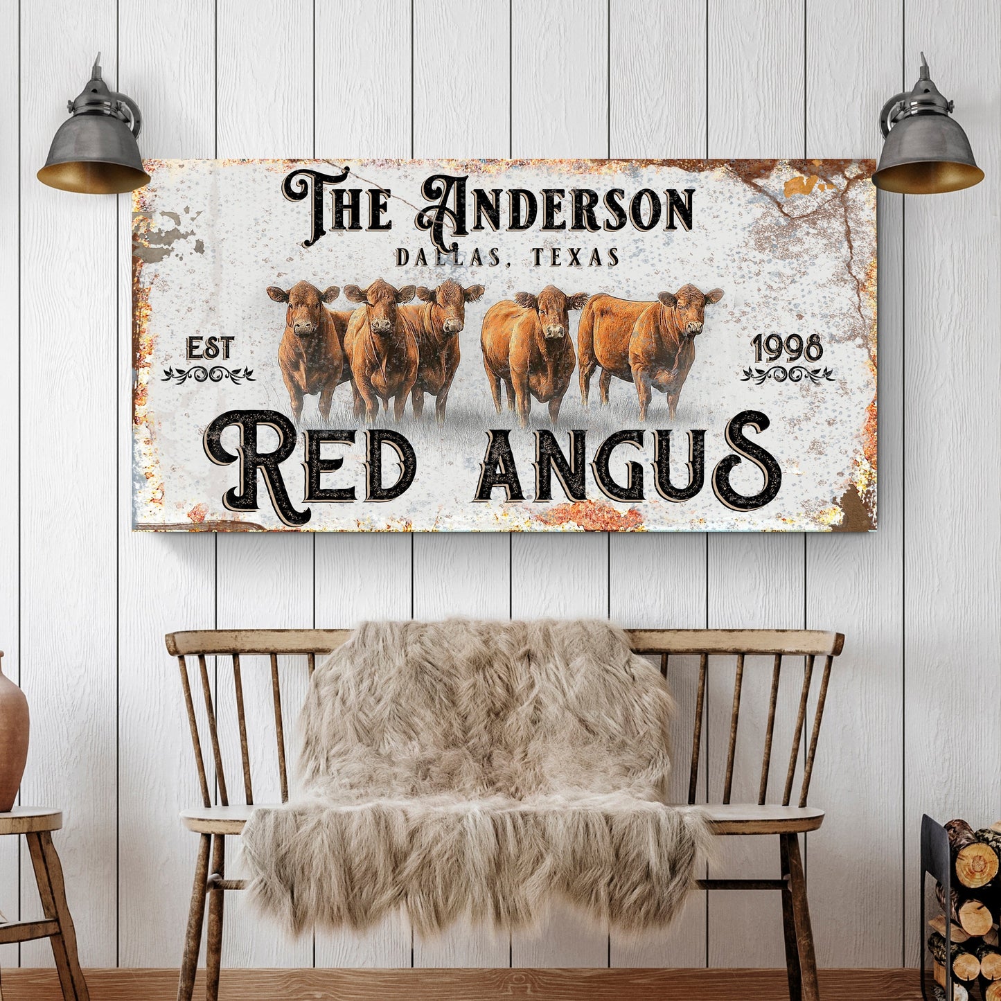 Red Angus cattle portrait on canvas, farmhouse and country wall art sign