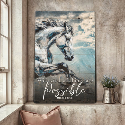 Tall canvas of a white horse on blue clouds with text: With God, all things are possible, Matthew 19:26, on a plaster wall
