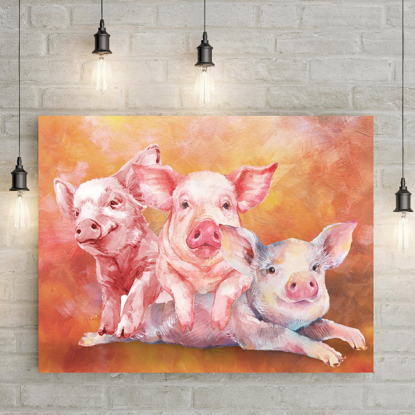 Three baby pigs watercolor canvas wall art - charming nursery and kids room decor