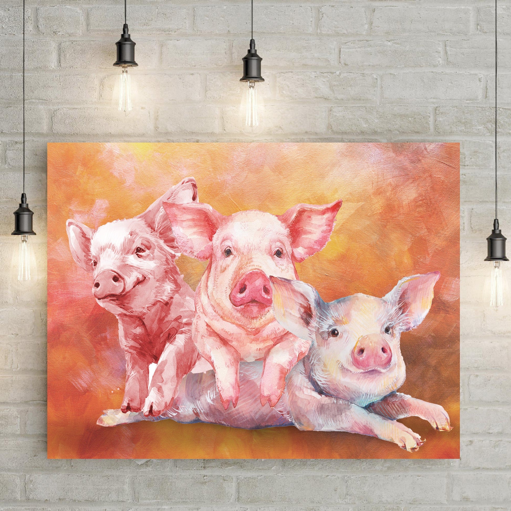 Three baby pigs watercolor canvas wall art - charming nursery and kids room decor