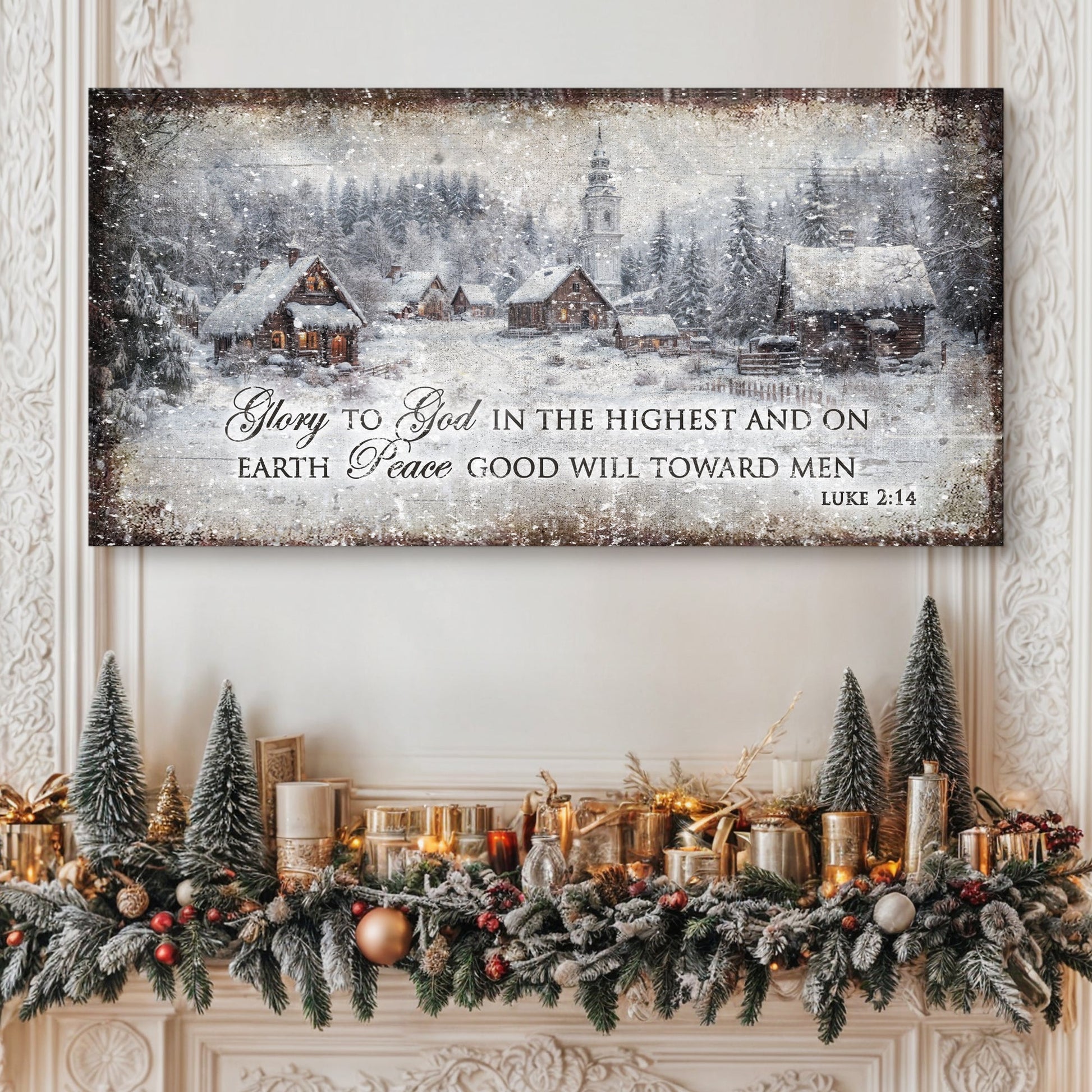 Vintage Christmas Village Luke 2:14 Scripture canvas, snowy village with Bible verse panoramic art