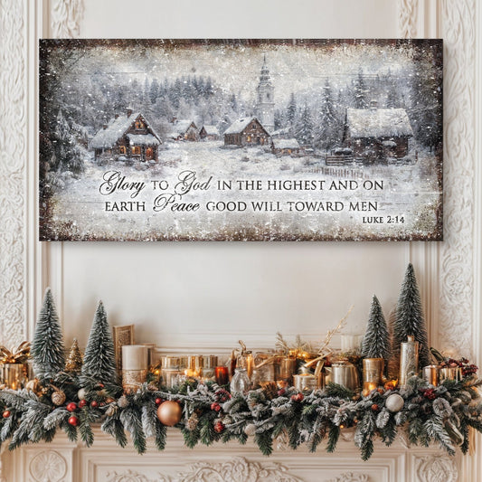 Vintage Christmas Village Luke 2:14 Scripture canvas, snowy village with Bible verse panoramic art