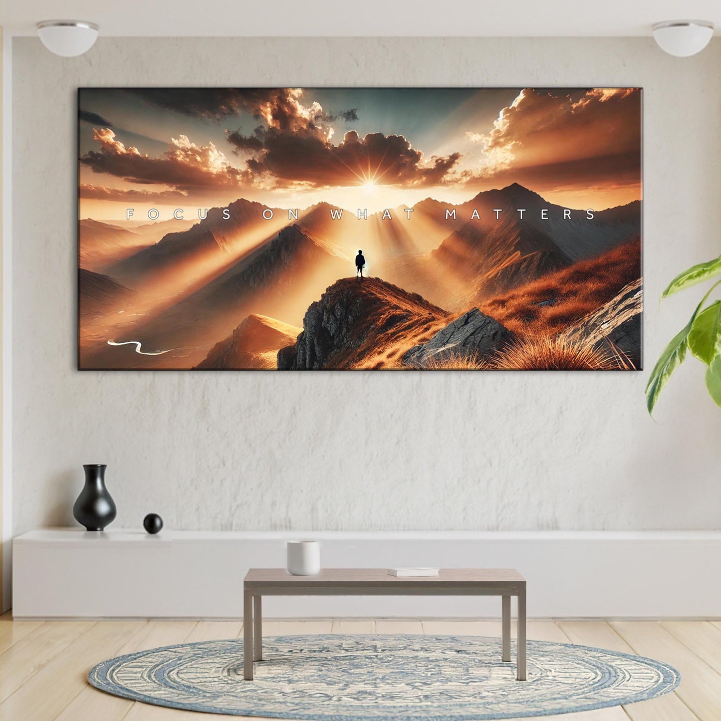 Focus motivational landscape canvas wall art with mountain and figure, gallery-wrapped