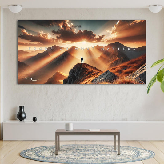 Focus motivational landscape canvas wall art with mountain and figure, gallery-wrapped