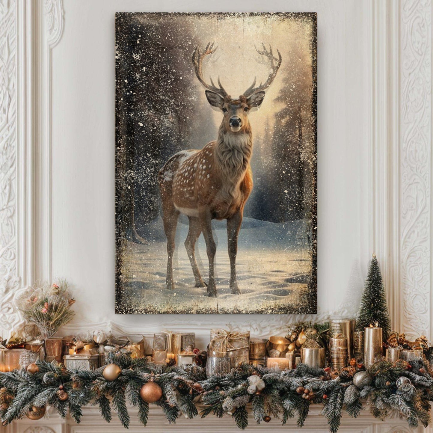 Vintage winter deer canvas wall art IV, deer in snowy landscape on gallery-wrapped canvas