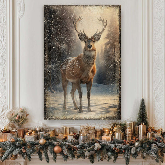 Vintage winter deer canvas wall art IV, deer in snowy landscape on gallery-wrapped canvas