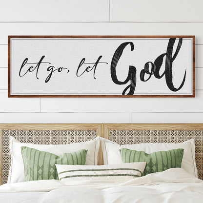 Let Go, Let God script on white canvas shown in a styled room setting, view 2