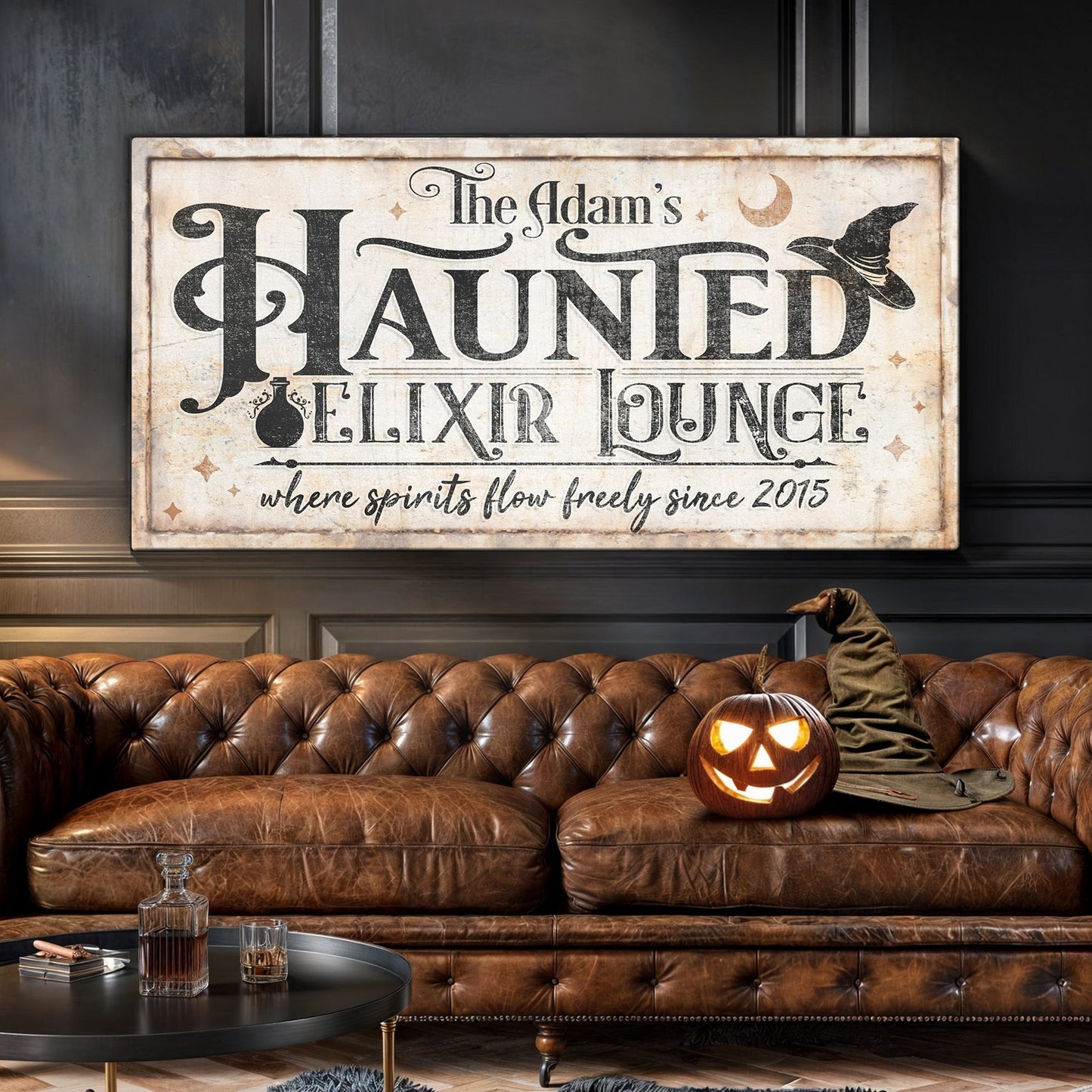 Haunted Elixir Lounge Halloween canvas wall art II with dark gothic bar aesthetic, gallery-wrapped