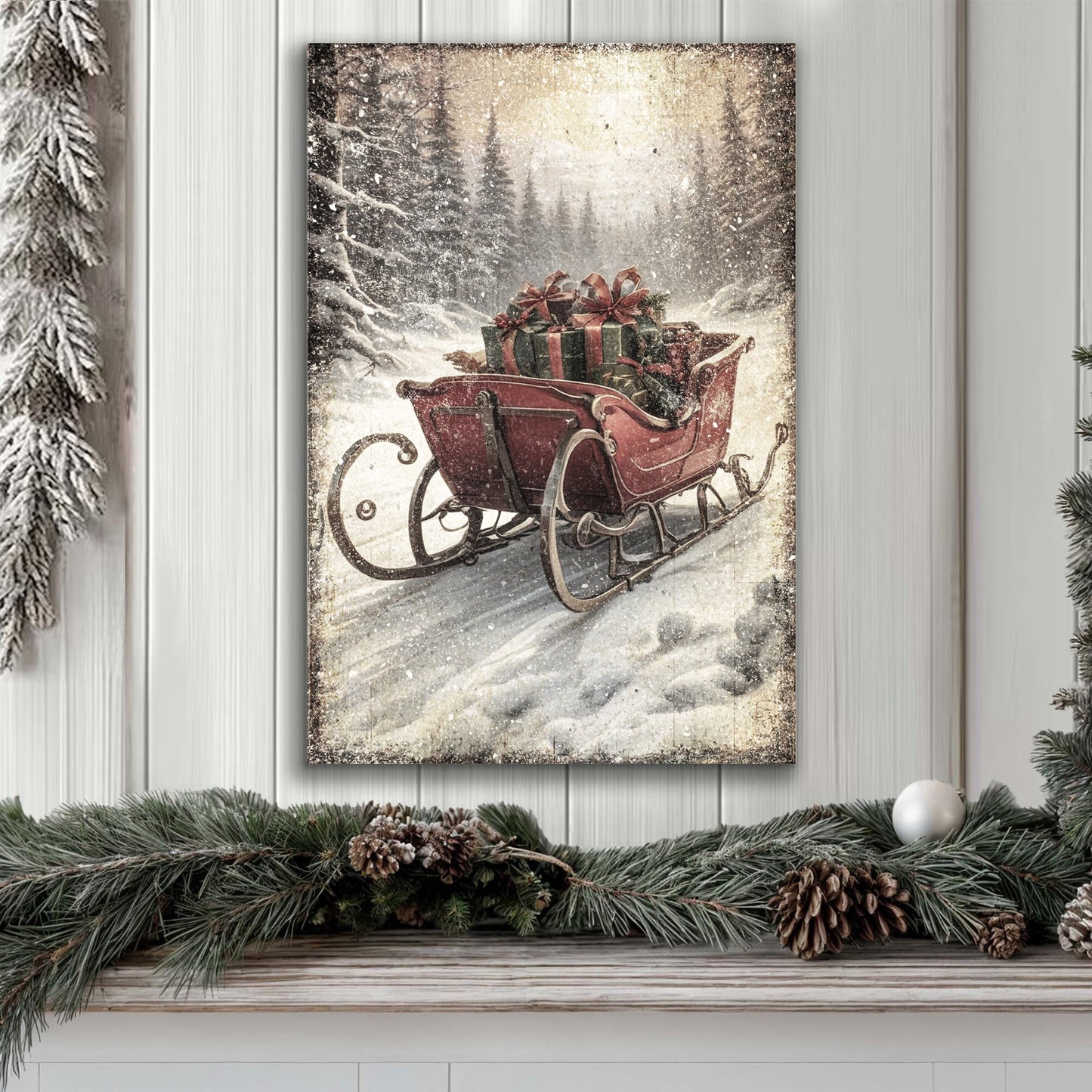Vintage Christmas Sleigh Sled Canvas Wall Art