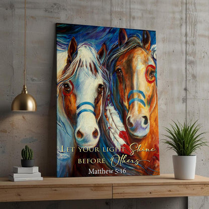 Matthew 5:16 Let Your Light Shine Painted Horses canvas shown in a styled room setting, view 3
