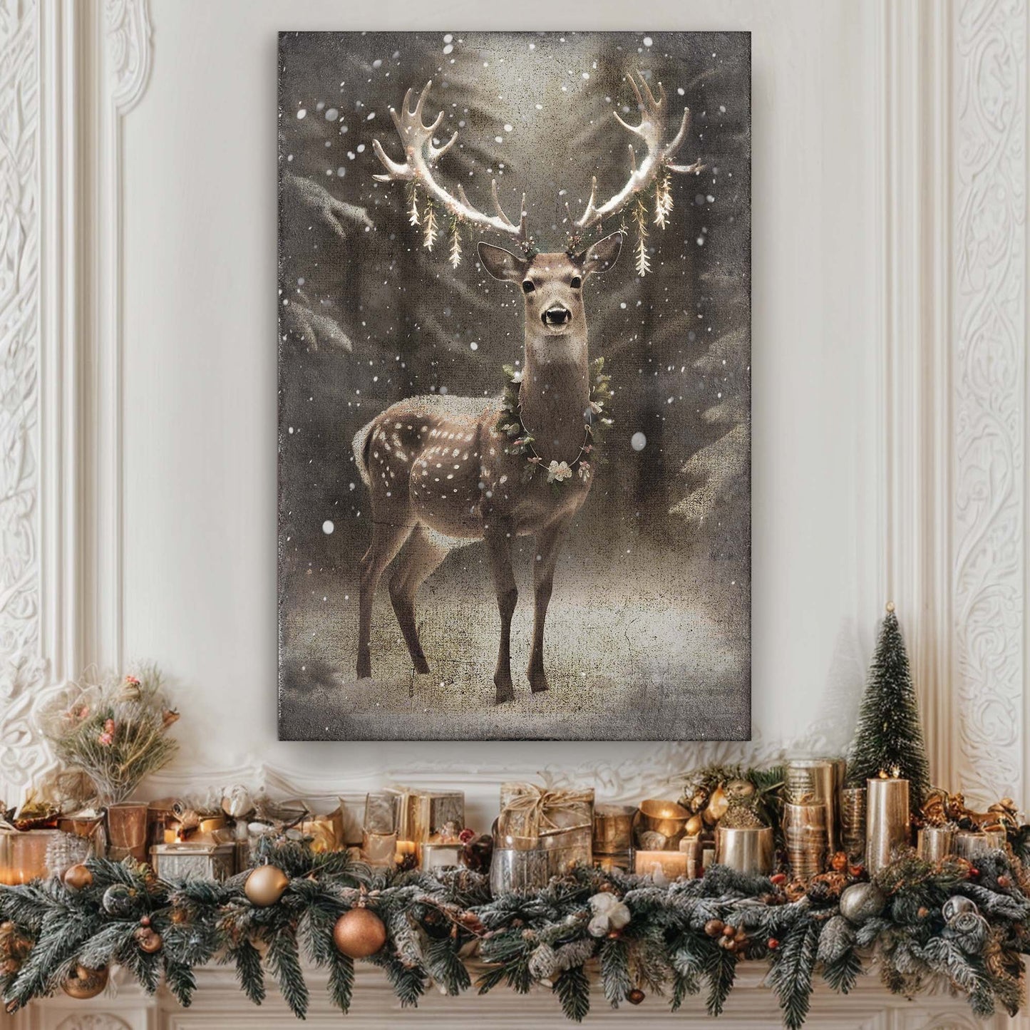 Vintage winter deer canvas wall art in warm seasonal tones, ready to hang gallery-wrapped canvas