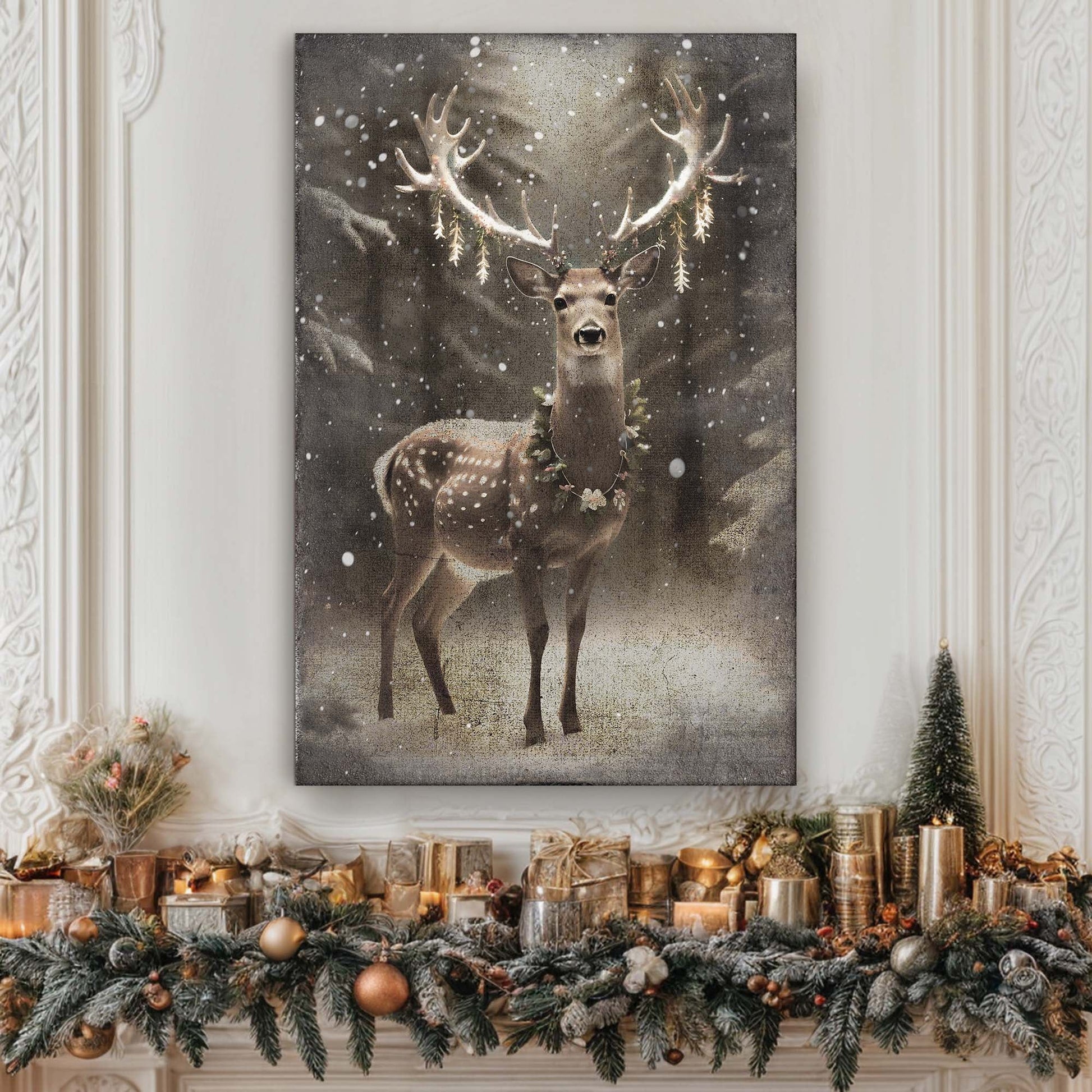 Vintage winter deer canvas wall art in warm seasonal tones, ready to hang gallery-wrapped canvas
