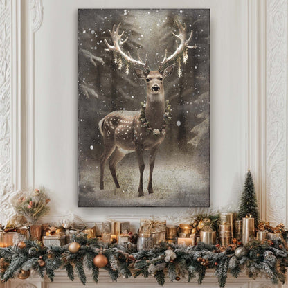 Vintage winter deer canvas wall art in warm seasonal tones, ready to hang gallery-wrapped canvas