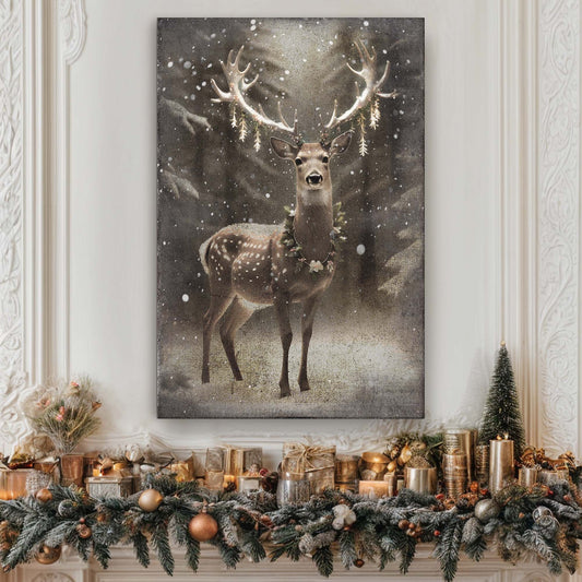 Vintage winter deer canvas wall art in warm seasonal tones, ready to hang gallery-wrapped canvas