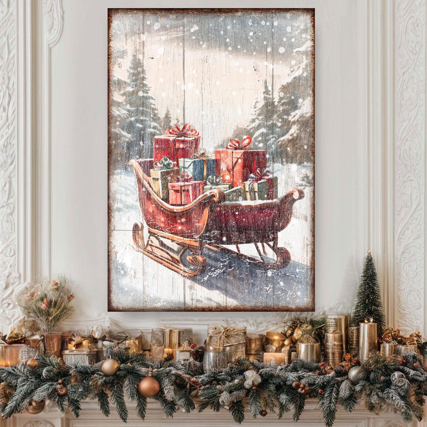 Vintage Christmas Sleigh Sled Canvas Wall Art