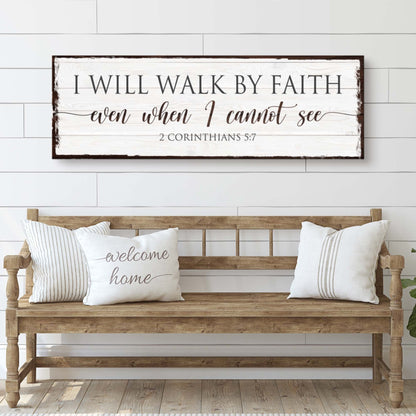 2 Corinthians 5:7 Walk by Faith serif white canvas shown in a styled room setting, view 2