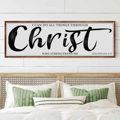 I Can Do All Things Through Christ Bold Brush Script canvas shown in a styled room setting, view 2