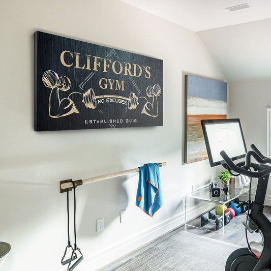 Personalized home gym canvas sign with motivational wording, ready to hang