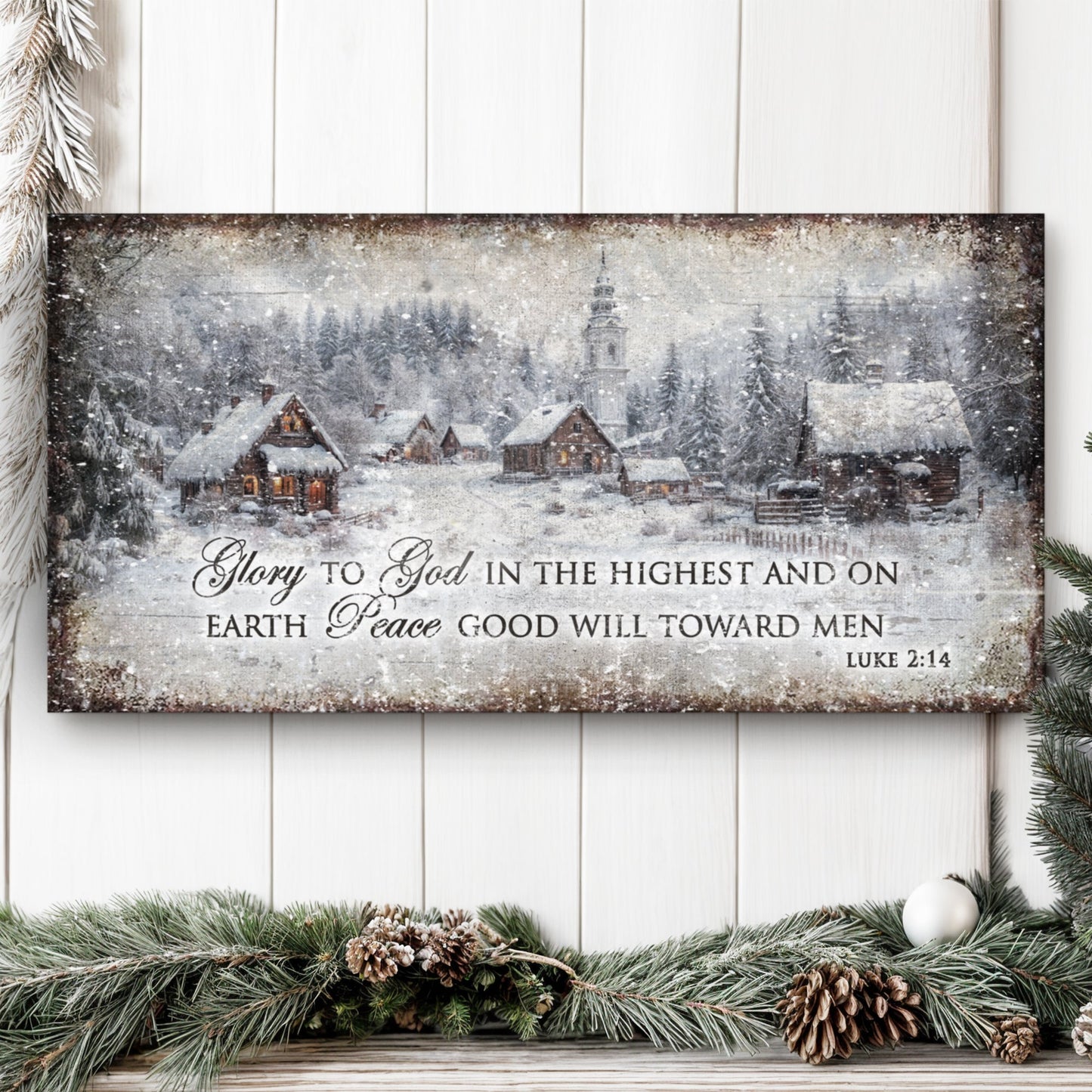 Vintage Christmas Village Luke 2:14 Scripture Canvas