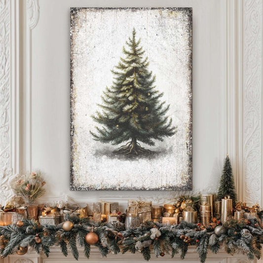 Evergreen Pine Tree on White Christmas canvas shown in a styled room setting, view 2
