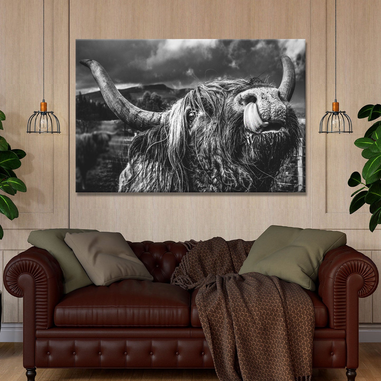 West Highland cow monochrome canvas wall art with black and white portrait of highland cow