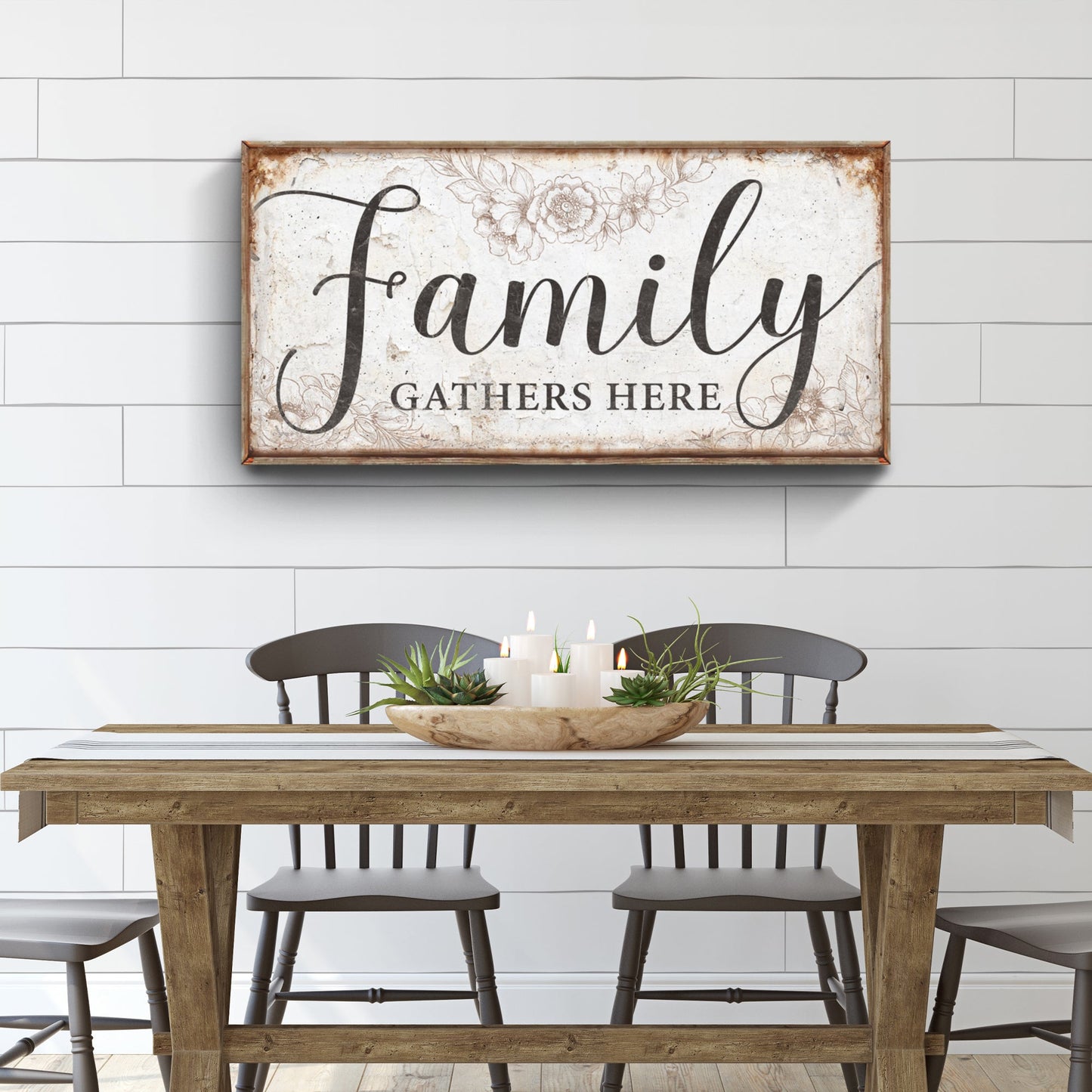 Family Gathers Here Canvas Wall Art Sign