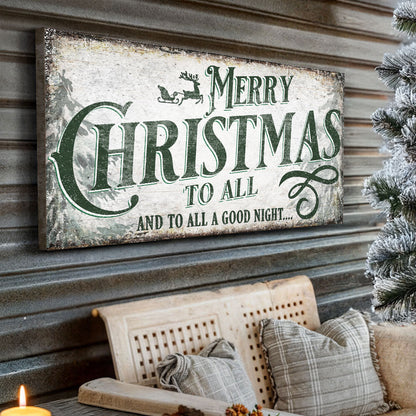 Merry Christmas to All Green Lettering canvas hung on a gray corrugated wall above a porch bench with plaid cushions