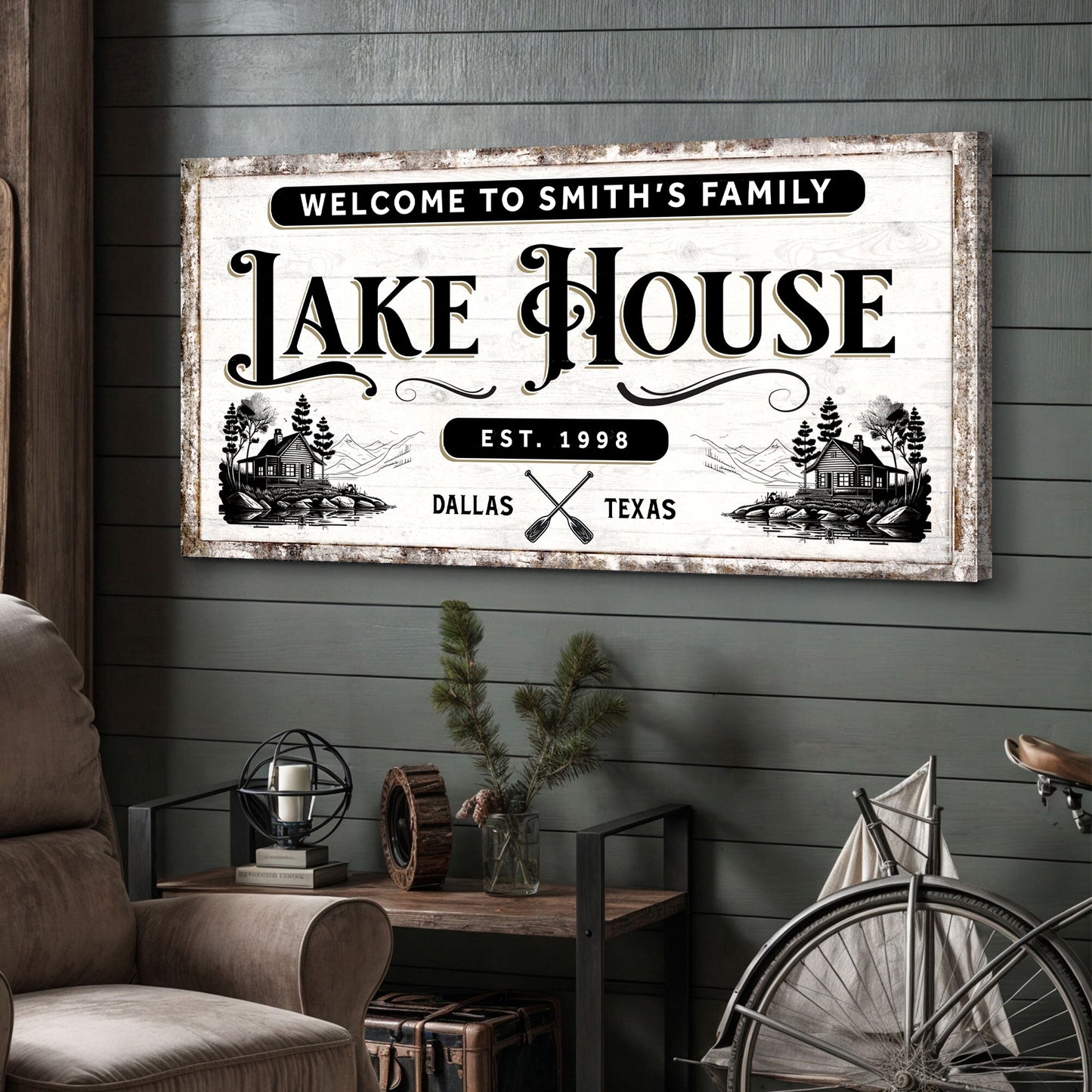 Lake house horizontal canvas sign with warm lakeside typography for cabin decor