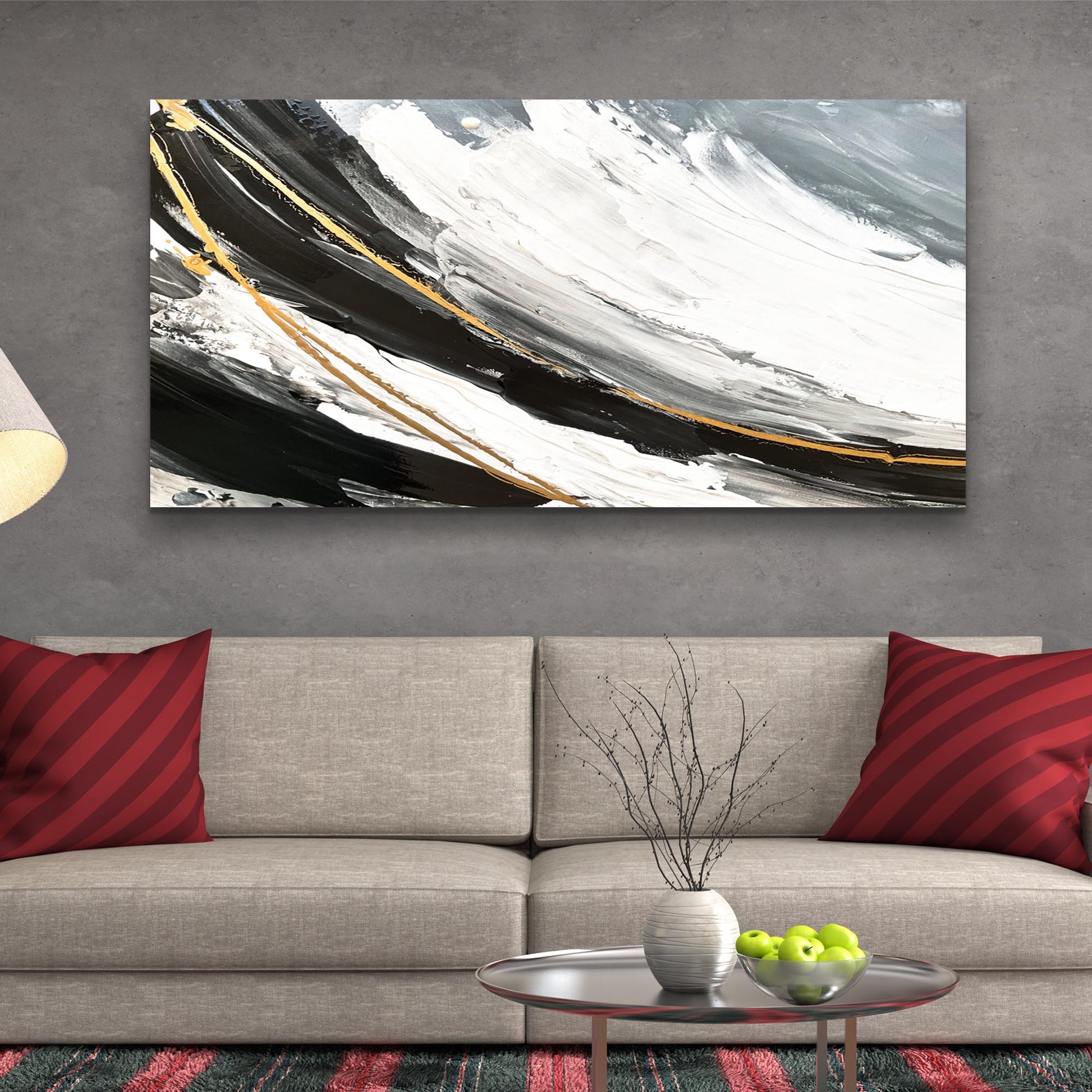 Gold and black abstract shadows canvas wall art with dramatic contrasts and flowing gold accents