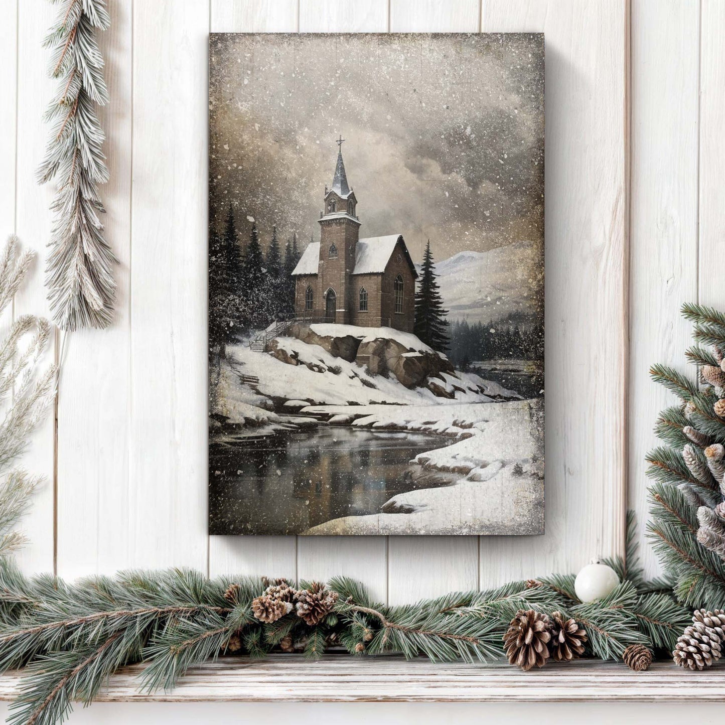 Vintage Church Christmas Canvas Wall Art