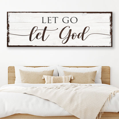 Let Go Let God Brown Script canvas shown in a styled room setting, view 3