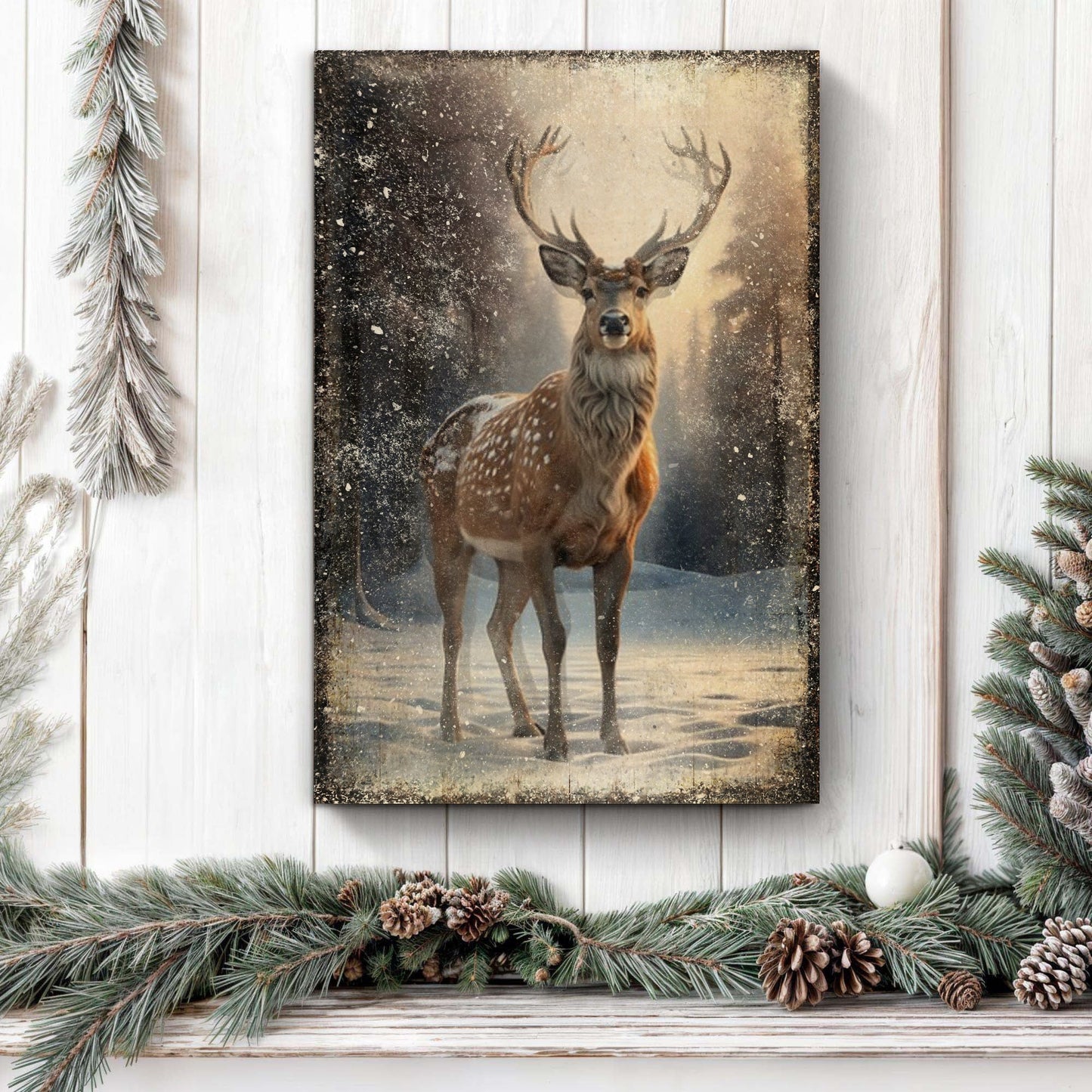 Vintage Winter Deer Canvas Wall Art IV