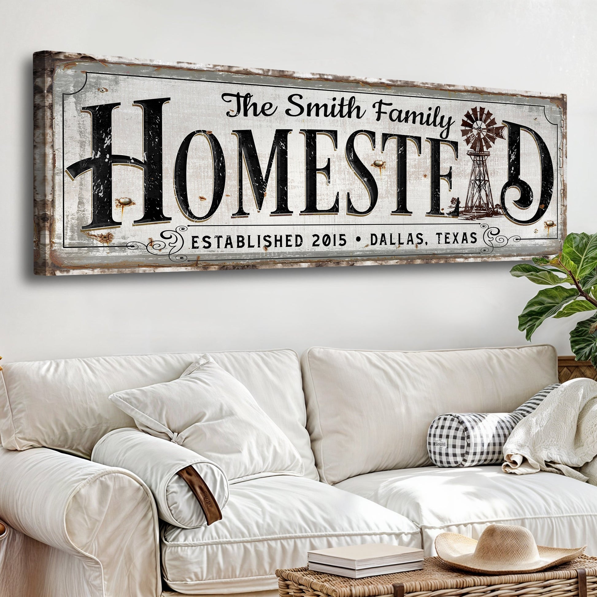 Vintage rust homestead vertical canvas sign with warm earthy lettering